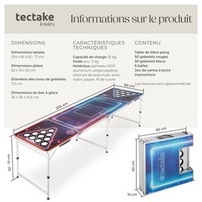 My Beer Pong Table Classique Avec 6 Balles Beerpong - Structure Pliable Et Facile à Transporter - Imperméable Et Facile à Nettoyer
