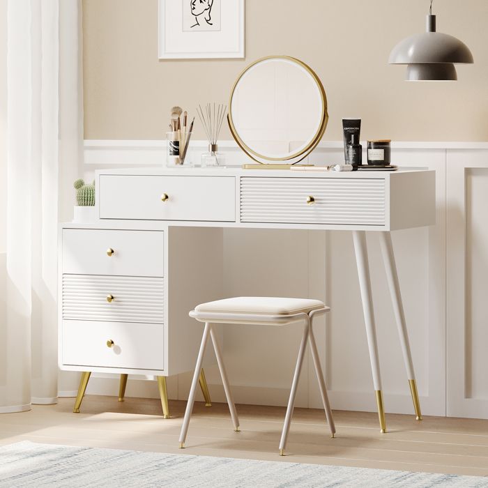 Coiffeuse Avec Miroir LED Lumière Réglable - 3 Tiroirs, 5 Étages, Bois Blanc Moderne