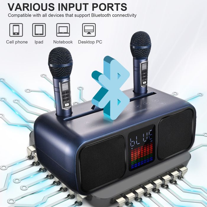 Machine Karaoké Bluetooth Avec Micros Sans Fil - Haut-parleurs 2x15W, Lumières LED, Batterie Portable - Cadeau Fête - 7