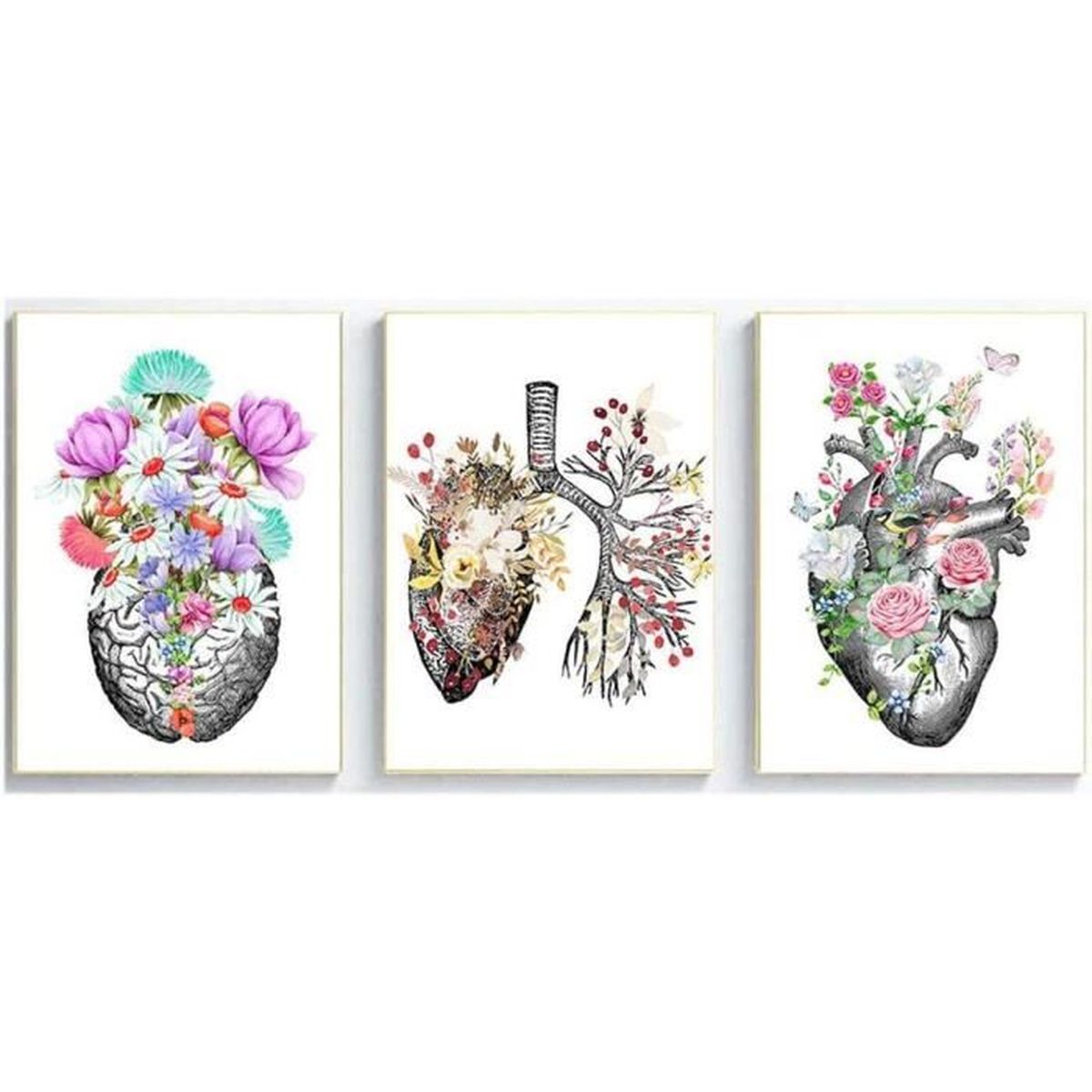 Tableau Toile 'Organes Anatomiques Fleurs' - Anatomie Humaine Décorative (Cerveau, Coeur, Poumon) - 3x50x70 Cm - Décoration Murale Bureau, Clinique, Salon - 1
