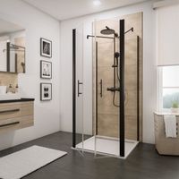 Portes de douche battantes avec 2 parois latérales fixes, verre 5 mm anticalcaire, profilé noir, style industriel, Schulte, 80x80