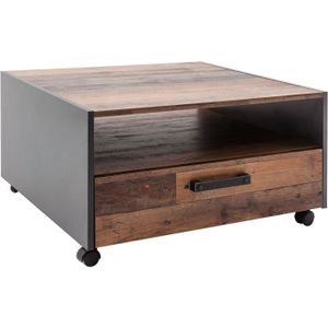 TABLE BASSE Table basse carré - Panneaux de particules - Décor bois vieilli et gris - Double plateau -1 Tiroir - L70 x P70 x H40 cm