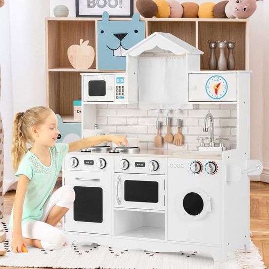 COSTWAY – Cuisine En Bois Avec Lumières, Sons, Micro-ondes, évier, 5 Accessoires, Dès 3 Ans, Blanc