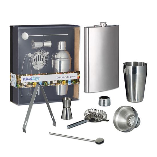 Set De Bar Professionnel 11 Pièces - Shaker, Doseur, Passoire, Etc. - Acier Inoxydable - Support Bambou - Relaxdays