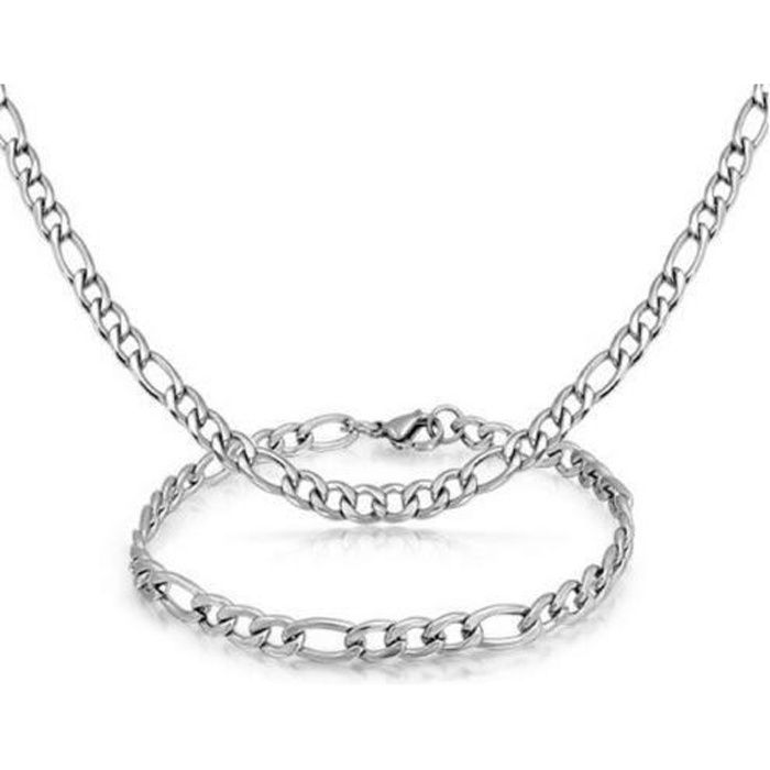 Parure bracelet et chaine collier homme acier inoxydable maille figaro (9mm)