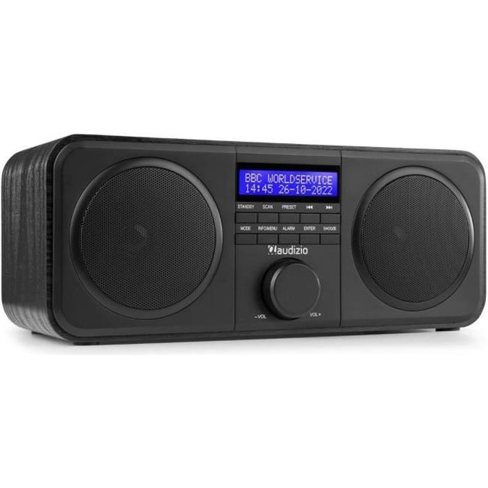 Audizio Novara radio DAB + stéréo - Noir, Radio FM, Radio réveil, Puissance 40W, Sortie casque 3,5mm, Ecran LCD