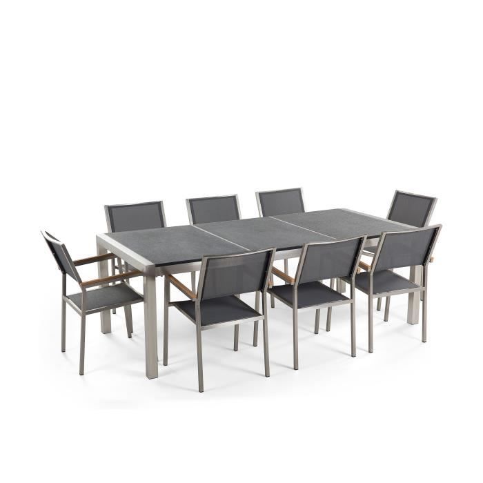 Beliani - Table de jardin acier inox plateau granit triple noir flambé 220 cm avec 8 chaises en textile gris GROSSETO