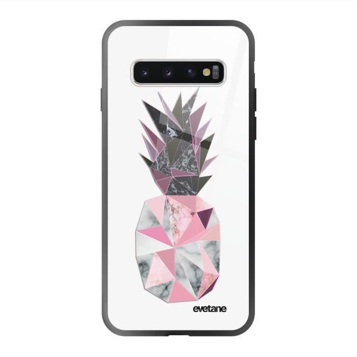 Coque en verre trempé Samsung Galaxy S10 noir Ananas geometrique marbre Ecriture Tendance et Design Evetane