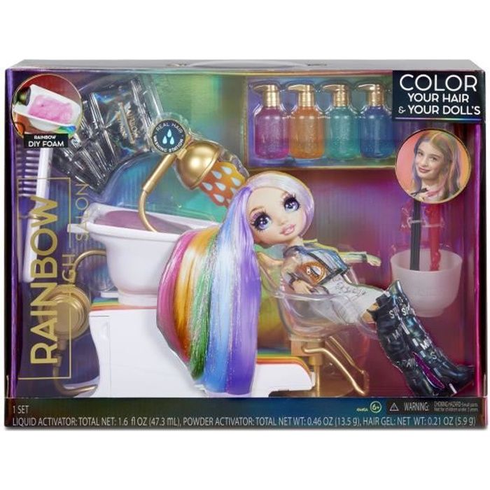 Rainbow High - Salon de Coiffure - Mousse à Cheveux Arc-en-Ciel Lavable pour Enfants & Poupées