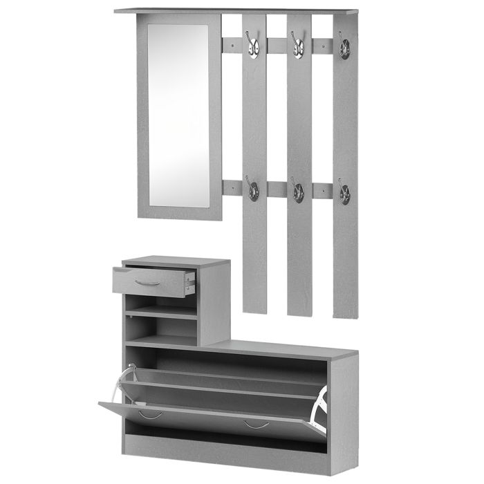 Ensemble de meubles d'entrée design contemporain : meuble chaussures, miroir et panneau porte-manteau panneaux de particules effet