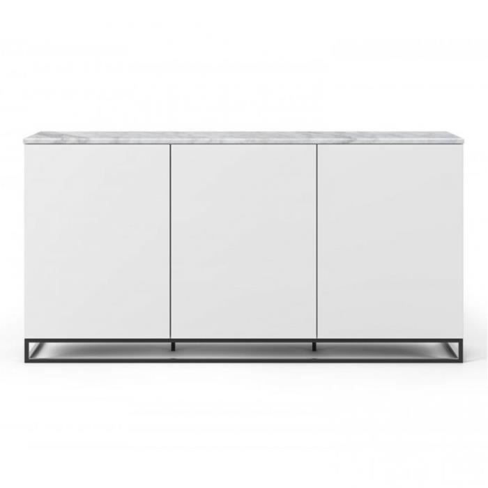 Buffet WHITY blanc mat 180cm 3 portes Plateau en Marbre blanc avec piètement noir blanc Marbre Inside75
