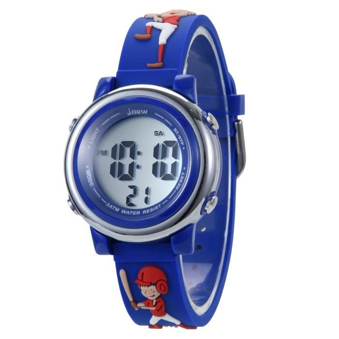 KZKR Montre digital Montre enfant Sports Retroeclairage Alarme Bracelet en silicone 12/24h Time-Teacher Motif base-ball Bleu