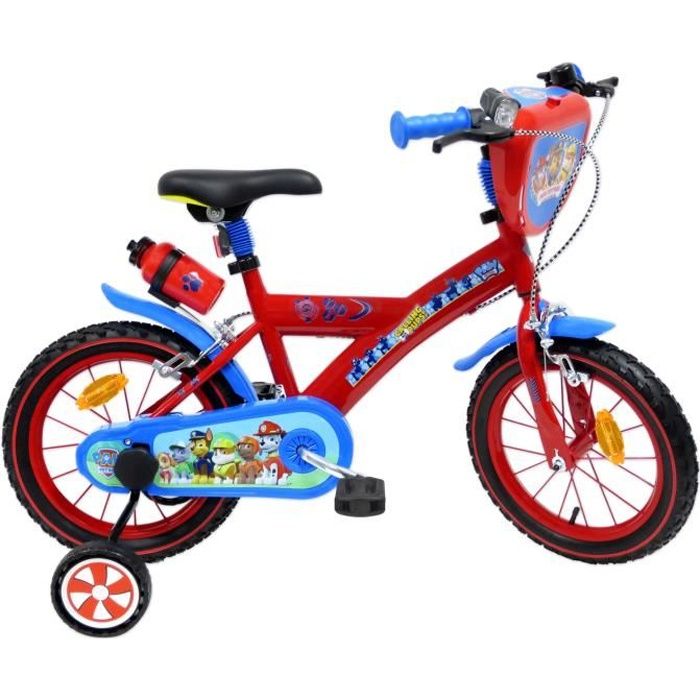 Vélo enfant Garçon 14" PAT PATROUILLE ( Taille 90 cm à 105 cm ) équipé de 2 freins - Gourde / Porte gourde + Plaque décorative avant