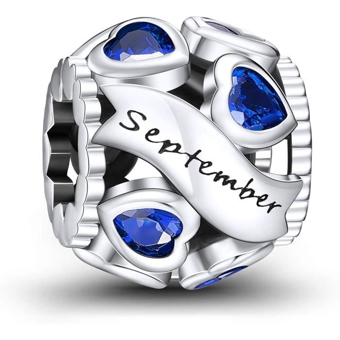 NINGAN Septembre Pierres de Naissance Amour Coeur Charmes Ajouré Perle s'adapte aux Bracelets et Colliers Pandora pour Femmes