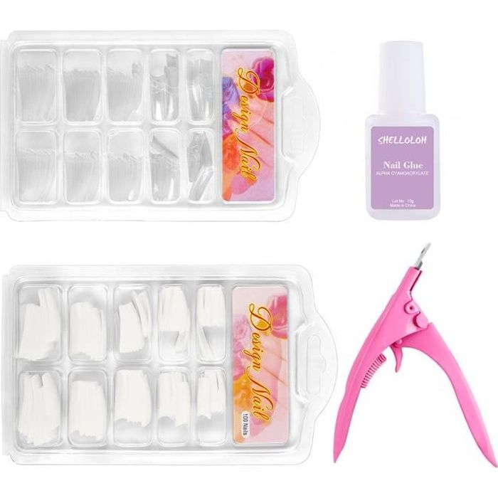 200pcs Faux Ongles Capsules 10 Tailles Acrylique Fake Nails Coupe Ongle 10g Colle Nail Art Blanc Transparent Manucure Shelloloh