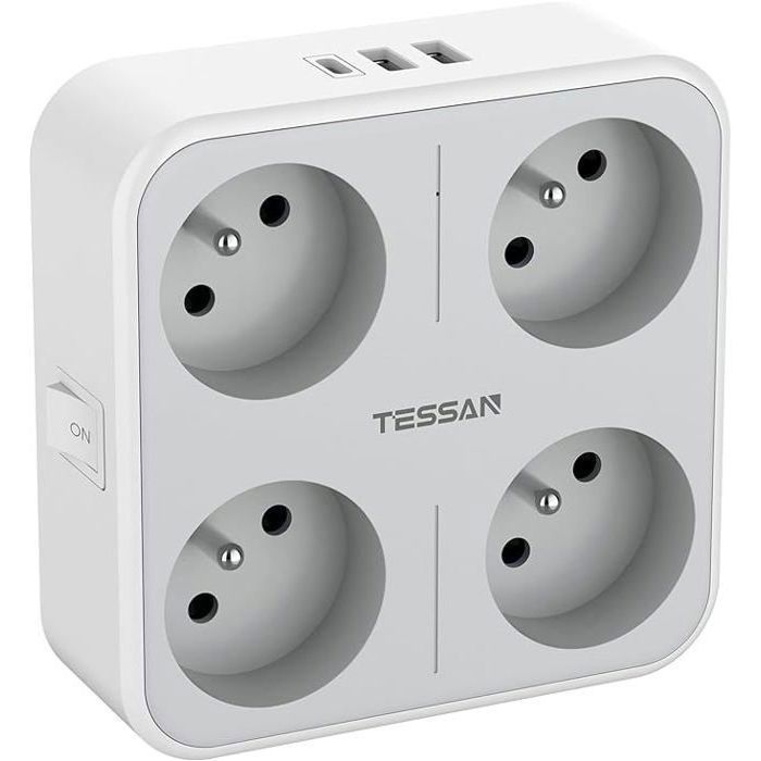 Multiprise 4 Prises Française avec 1 USB C et 2 USB ATESSAN 7 en 1 Multiprise avec Interrupteur pour DomicileBureauGris