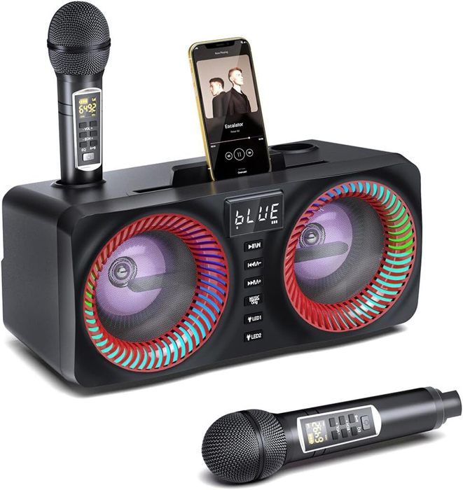 Enceinte Karaoké Portable étanche IPX5 Avec 2 Micros Sans Fil - 60W, Batterie 10000mAh, Lumière RGB Et Son Surround 360°