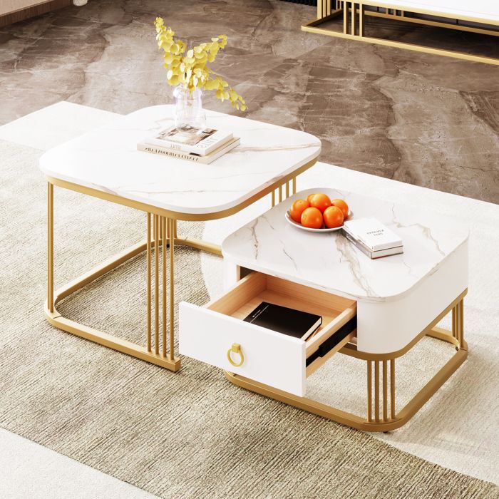 Lot de 2 Tables Basses Gigognes avec Tiroirs - Table dAppoint - Style Scandinave - Table de Salon - Aspect Marbre Brillant