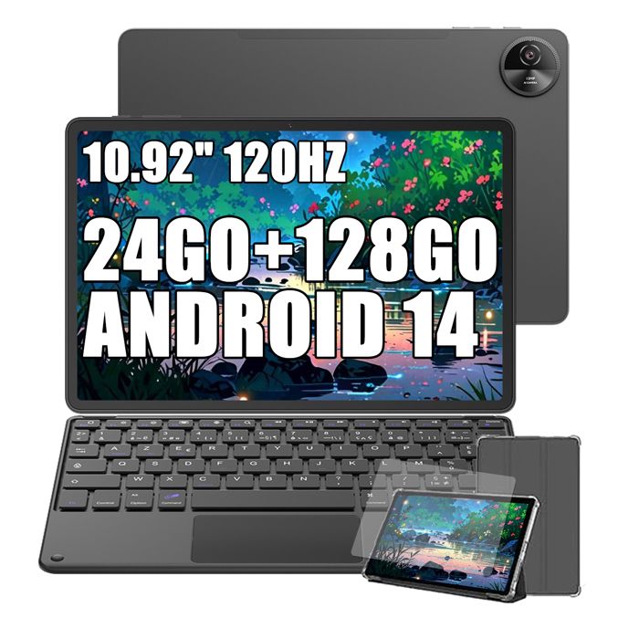 Oscal Pad 90 Tablette Tactile 1092 Android 14 RAM 24Go ROM 128Go/SD 2To 7700mAh 13MP+8MP Dual SIM WiFi 5 Gris Avec Clavier K1