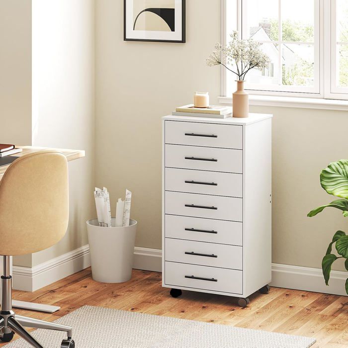 Caisson de Bureau 7 tiroirs-HOOBRO-Meuble de Rangement pour Dossier-Placard de Rangement Mobile-40 x 36 x 88 cm-Blanc