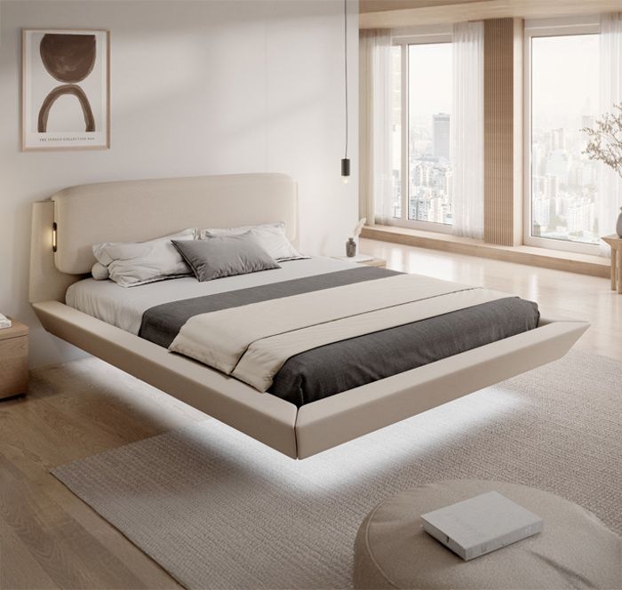 Lit double avec Matelas 160x200cm Design Flottant avec Lumière LED Cadre en Bois Tapissé en Lin Beige Sommier à Lattes Diana