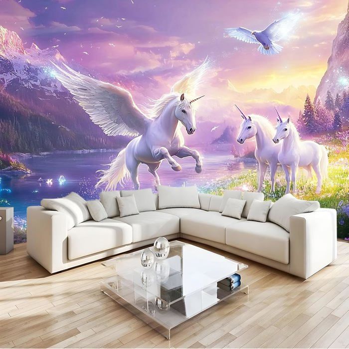 Papier Peint Panoramique Enfant 350x256cm Licorne et colombe blanche 3D ...