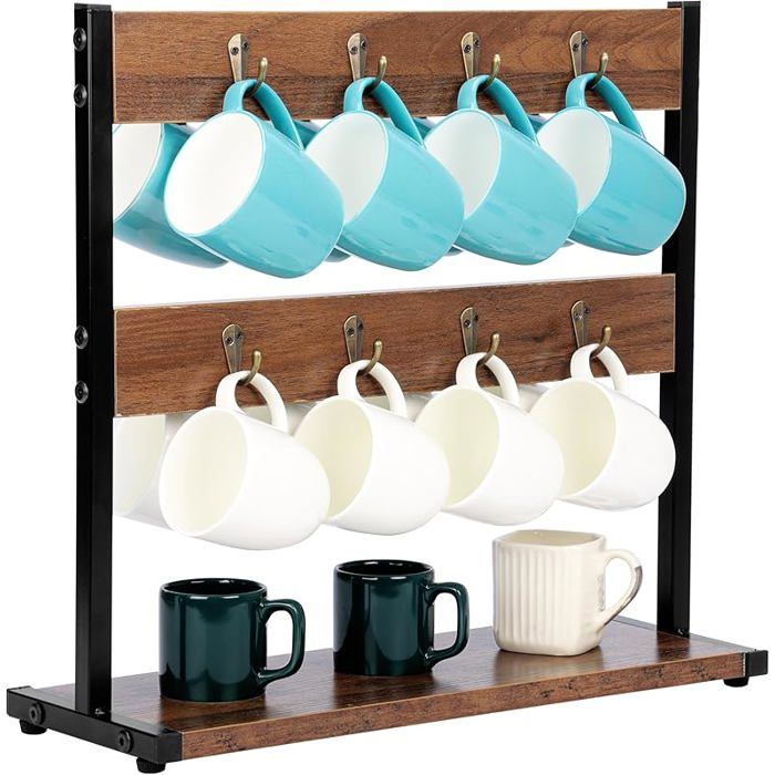 Porte-tasses En Rotin Synthétique - Étagère à 2 Niveaux Pour Mugs Et Snacks - Organisation De Cuisine Et Bureau