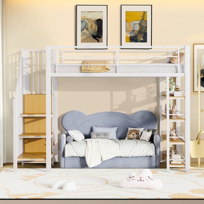 Lit enfant 90x200cm lit simple avec escalier lit ado avec penderie Étagère de rangement lit mezzanine sommier à lattes，métal blanc