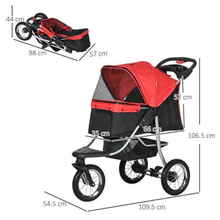 poussette pour chien buggy pour chien buggy pour chat Pet Stroller pliable avec 3 roues pour chiens & chats Oxford rouge noir 109