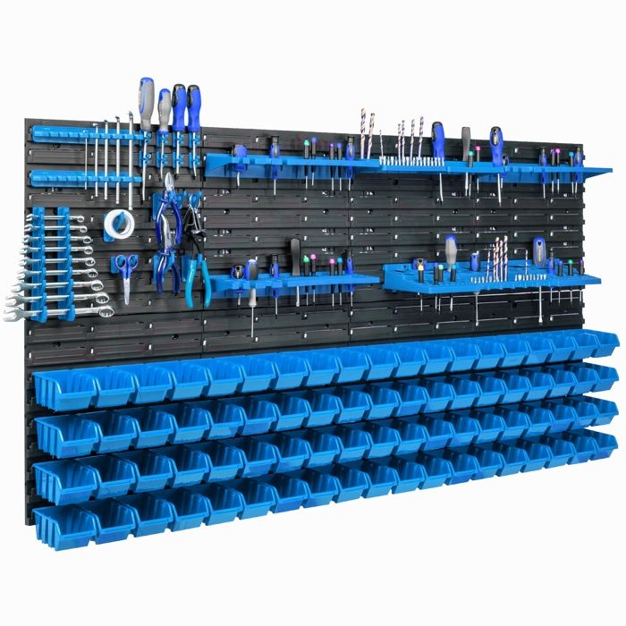 Étagère murale - BOTLE - 156 x 78 cm - 76 boîtes bleues - Porte-outils inclus - Plastique