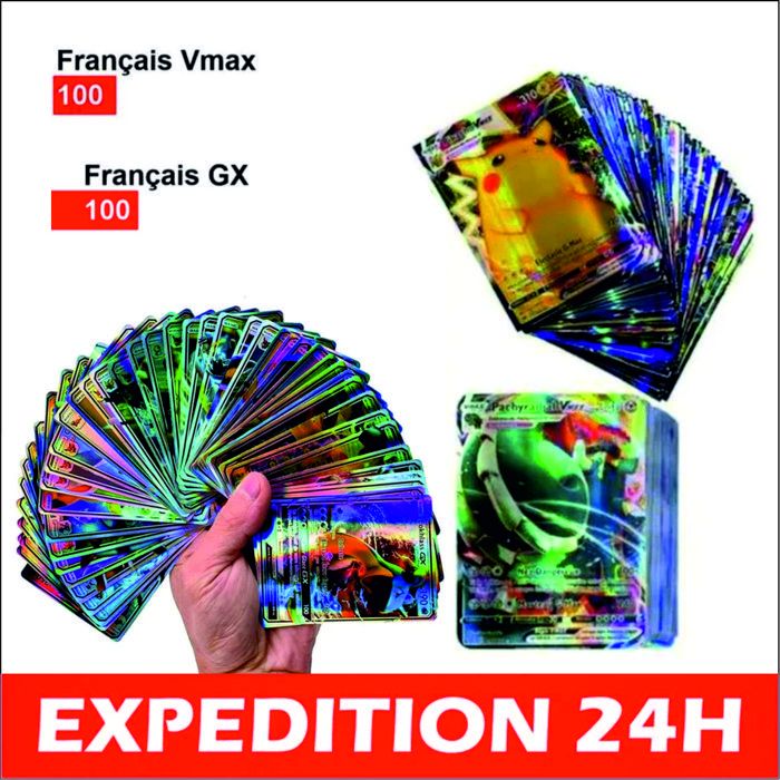 200 Pcs Cartes Pokémon Pokemon Français Cartes à Collectionner Métal Amusant Flash Card (100GX+100VMAX ) Cartes Pokemon