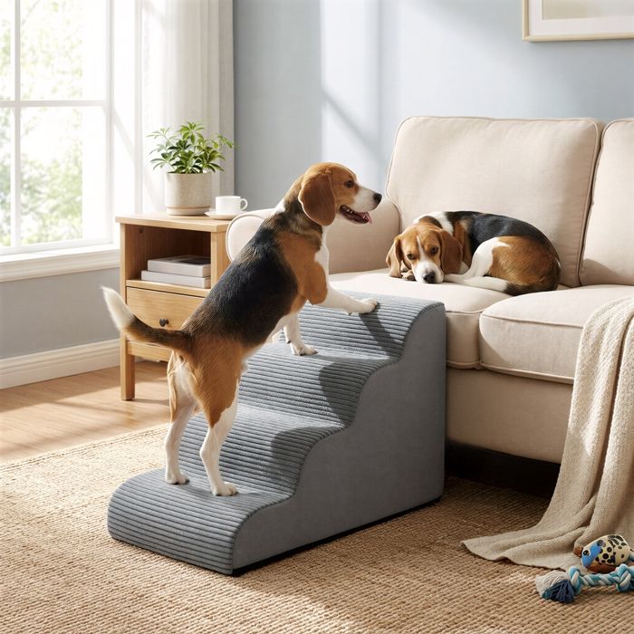 Meilleurs prix pour Escalier pour Chien à 4 Marches Imperméable Pente Douce Housse Amovible Lavable Gris