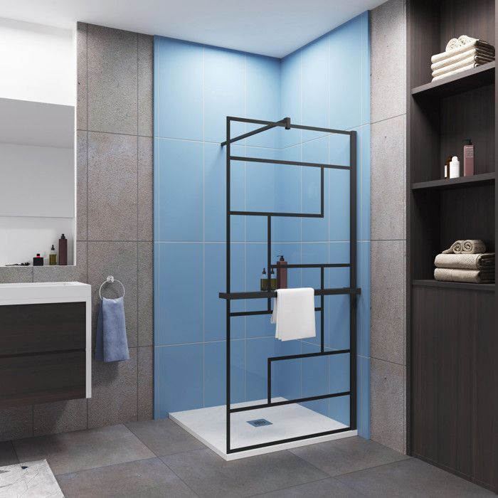 Paroi de douche fixe Noir 80 x 200cm - 8mm verre anticalcaire + Étagère de Douche 80cm alu + barre de fixation 90cm avec pince
