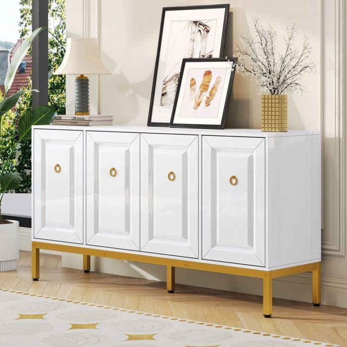Buffet blanc brillant L 140 x P 40 x H 80 cm 4 portes étagères réglables montage nécessaire