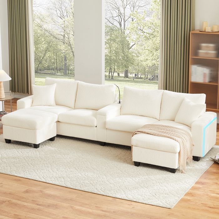 Canapé en U avec 2 tabourets lampe de lecture une étagère rabattable un porte-gobelets et des ports USB/Type-C éclairage LED