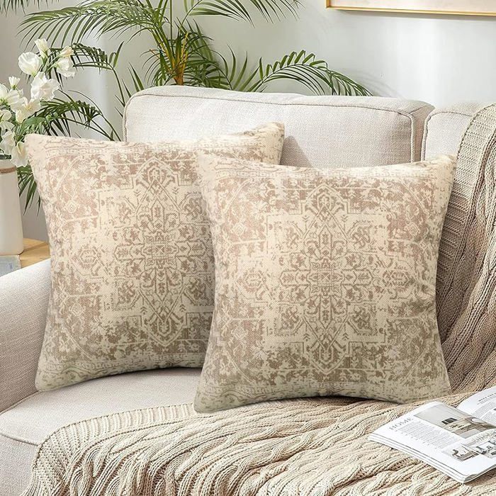 - Housse de Coussin Rétro 2 Pièces 50 x 50 cm Lin Boho Ethnique Vintage Motif Coussins 50 x 50 cm (Lot de 2) Beige