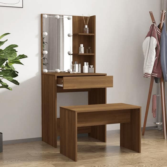 Coiffeuse - vidaXL - Table de maquillage - Bois ingénierie - Chêne marron - LED - Avec miroir - 70x35x45 cm @68250