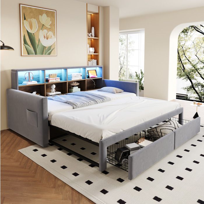 Lit sofa extensible 90 x 190 cm en velours gris clair avec LED rangements tête de lit 2 tiroirs et sommier à lattes