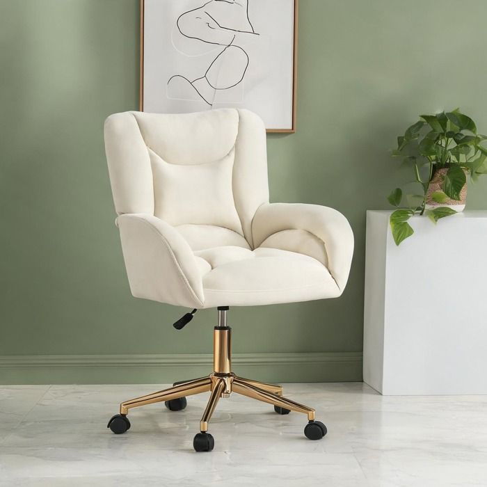 Fauteuil de bureau pivotant en velours warm beige réglable en hauteur avec base dorée