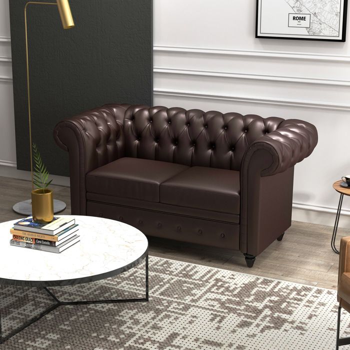Canapé Chesterfield 2 places en simili cuir avec coussin amovible bois et métal 160x84x80 cm marron