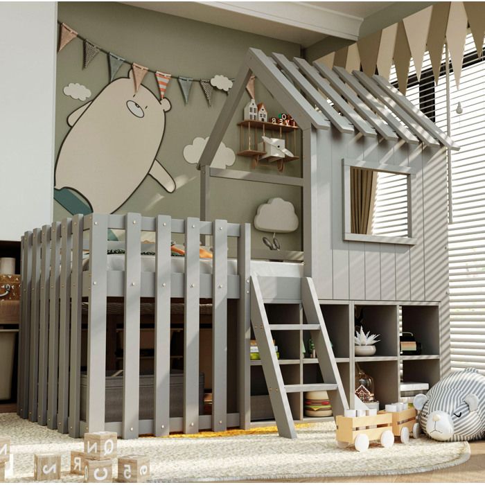 Lit mezzanine enfant 90×200 cm avec toit fenêtre échelle et rangements - ELVMI - sans matelas bois massif gris