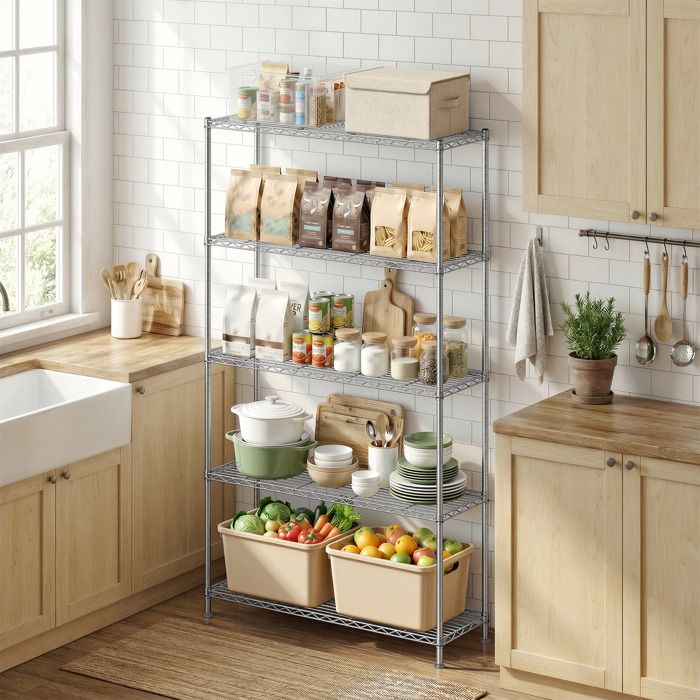 Armoire de salle de bain Tablettes Réglables pour Garage Chambre Salon Dressing Cuisine Cellier 5 Niveaux Argent