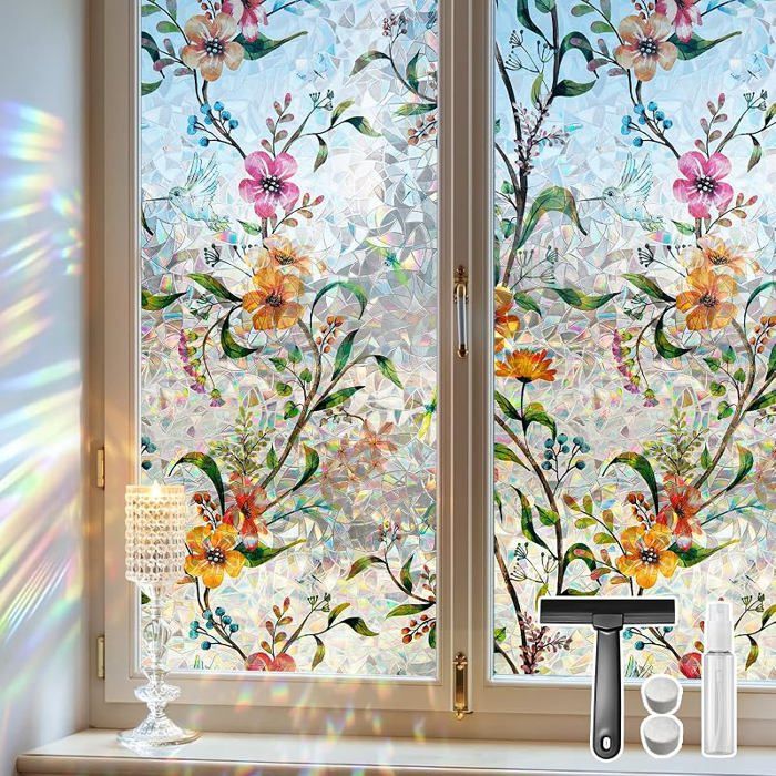 Film Fenetre Anti Vitrail Brise Vue Floral Électrostatique  90 x 200 cmAnti UVRéutilisable90 x 200cm Bignone  FILM POUR VITRAGE