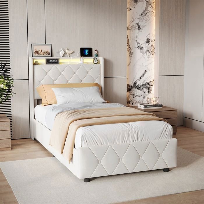 Lit simple 90x200 cm - Lit 90x200 avec 2 Tiroirs - Tête de Lit avec Prises USB Type-C - Éclairage LED RGB - Sans matelas - Beige