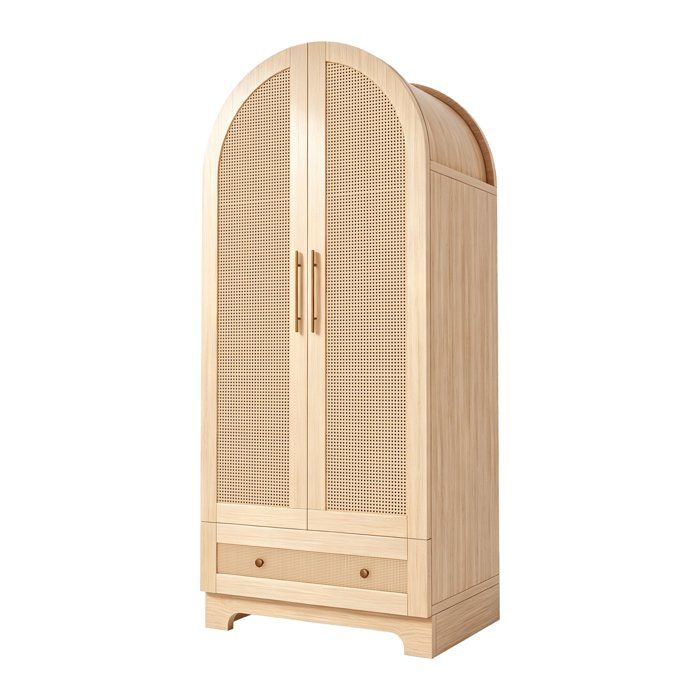 Armoire à deux portes avec tiroirs et étagères portes en rotin synthétique couleur bois 70 × 55 × 170 cm