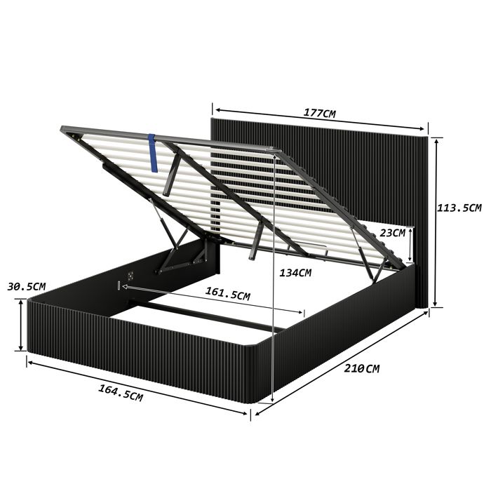 Lit coffre - ZEVKOR - Double 160×200 cm - Système hydraulique - Grand rangement - MDF noir