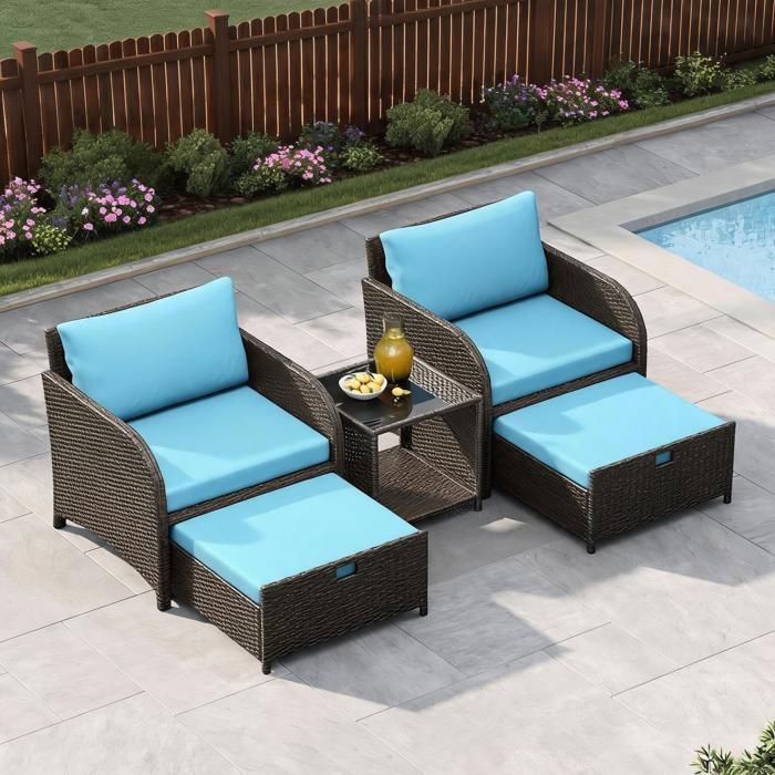 Salon de jardin 5 pièces rotin PE –2 fauteuils 2 poufs table verre trempé coussins épais -Idéal extensionérieur terrasse balcon