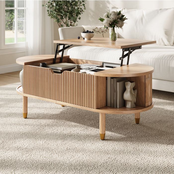 Table basse ovale relevable hydraulique 110 x 48 x 57 cm avec rangement 2 portes coulissantes MDF naturel