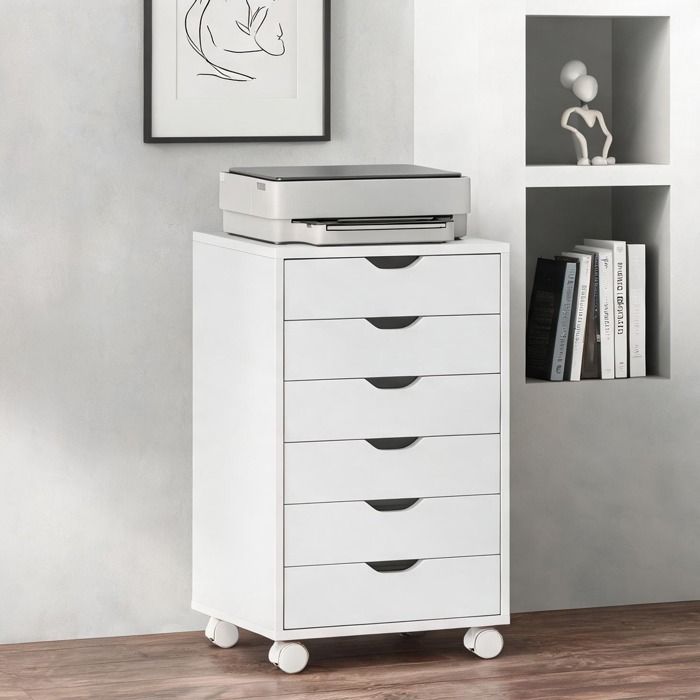 Rangement de bureau sur roues caisson 6 tiroirs en panneaux de particules format compact 40 x 35 x 63 cm