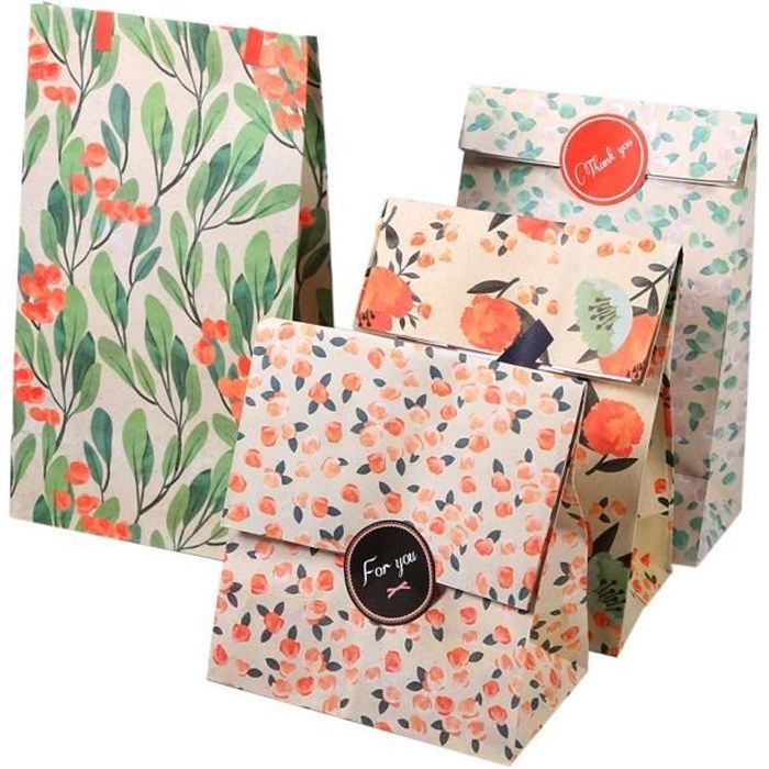 12 Sachets kraft sac cadeau papier d’emballage cookie avec autocollant en motif fleurs
